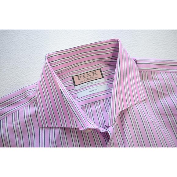 Thomas Pink Dress Shirt Slim Fit French Cuff Designer Striped Mens 16.5-36 Large - Picture 7 of 9
